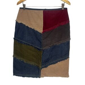Y2K Frantic Jeans Patchwork Corduroy Skirt Multicolor Fringe Hem Size 9/10